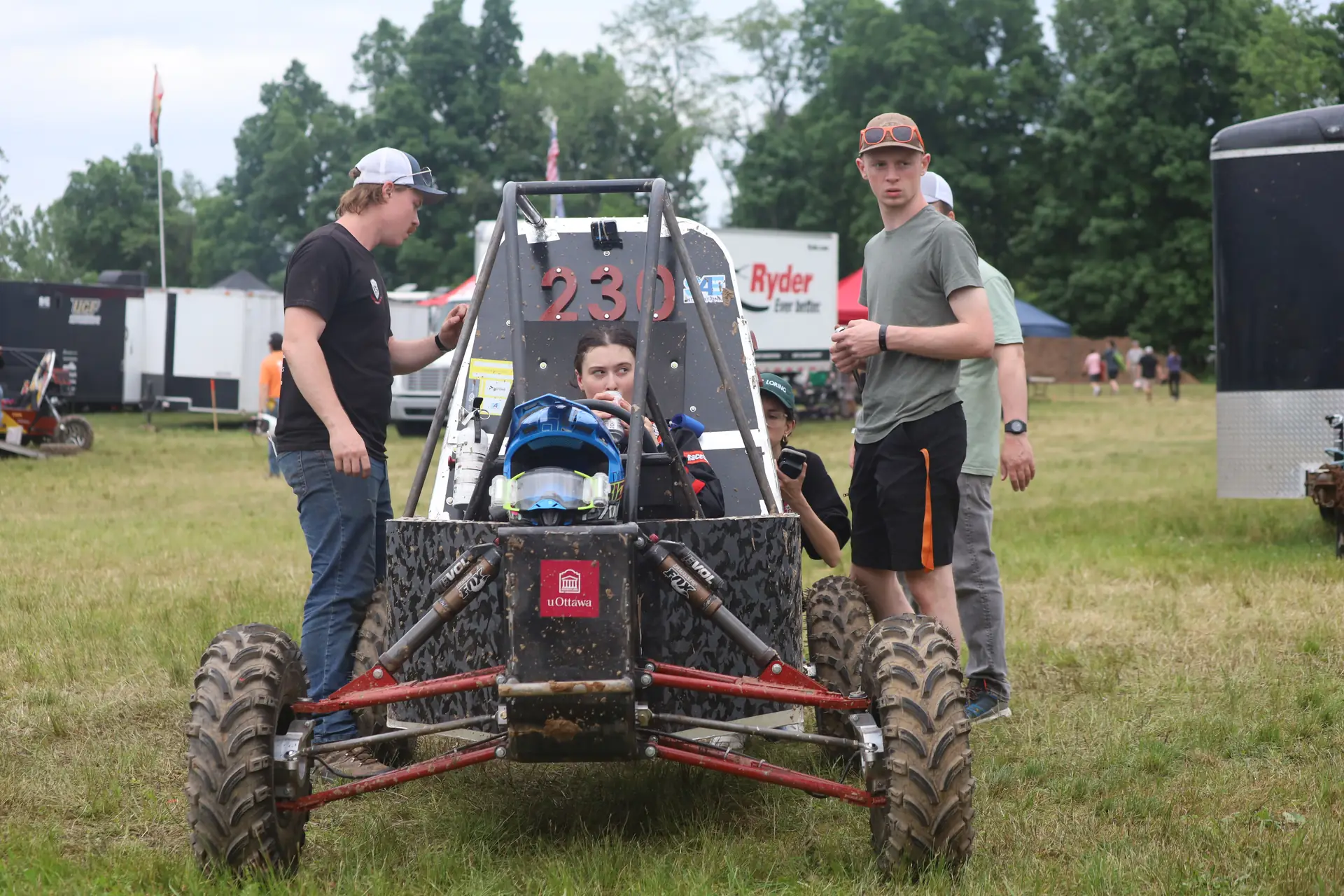 Front view of the car showing the roll cage